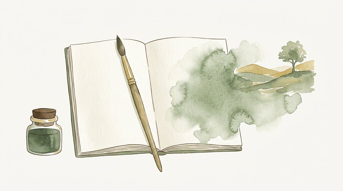 A watercolour of a paintbrush on an open journal, pigment blooming into a landscape.