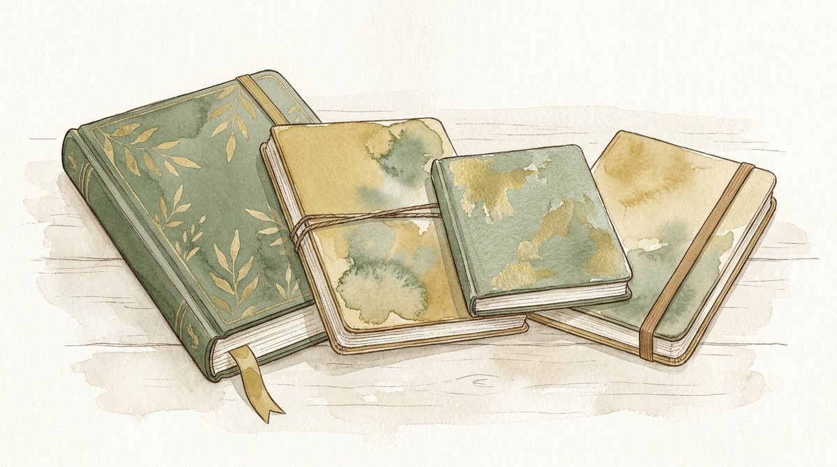 A watercolour of four notebooks fanned across a table.