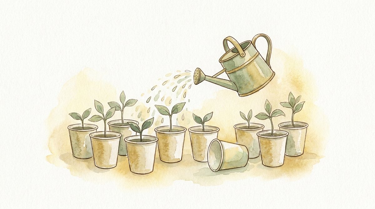 A watercolour watering can gently watering seedlings, one tipped cup treated kindly.