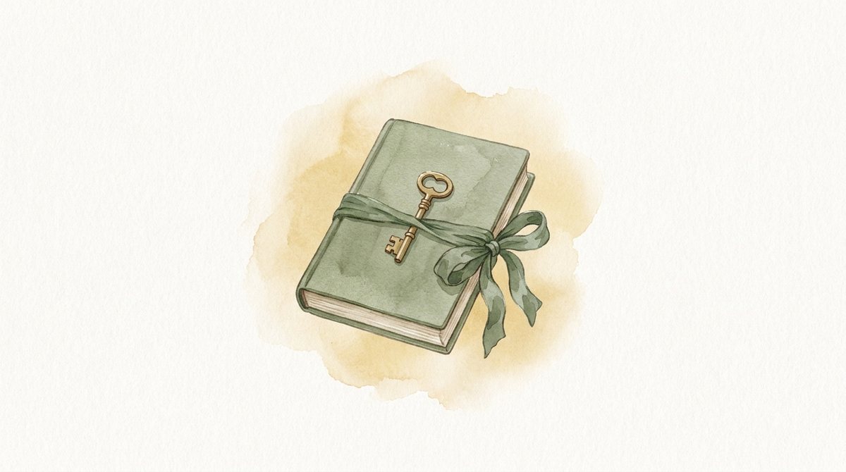 A watercolour of a journal tied with a ribbon, a brass key on its cover.