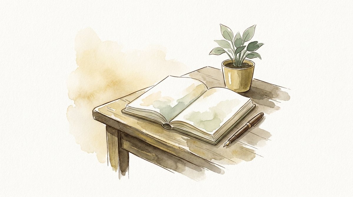 A watercolour of an open journal and fountain pen in morning light.