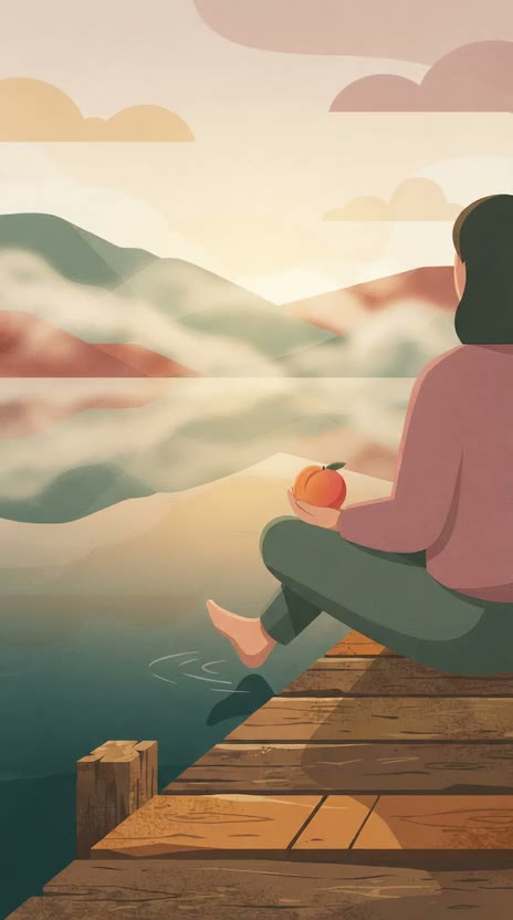 A painting by Bloom: a woman on a wooden jetty at dawn holding a peach, mist lifting off a still lake.
