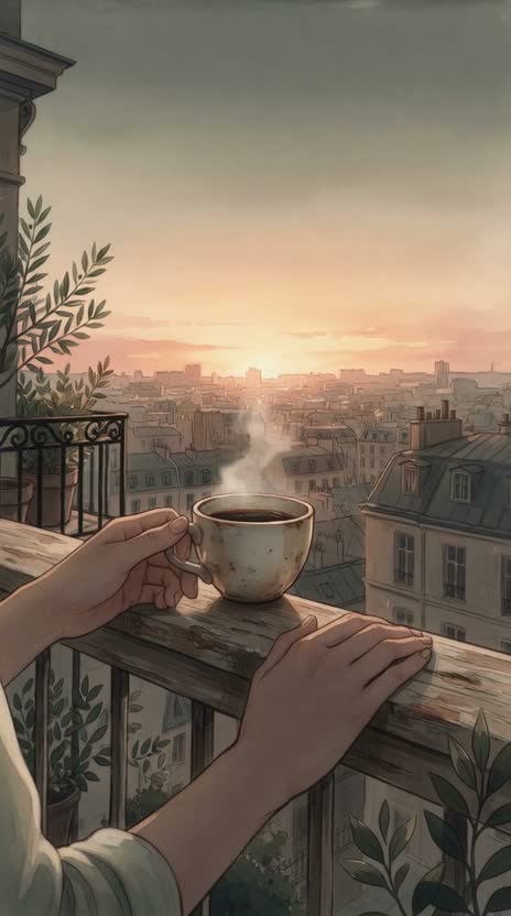 A watercolour of morning coffee on a balcony rail over rooftops at sunrise.
