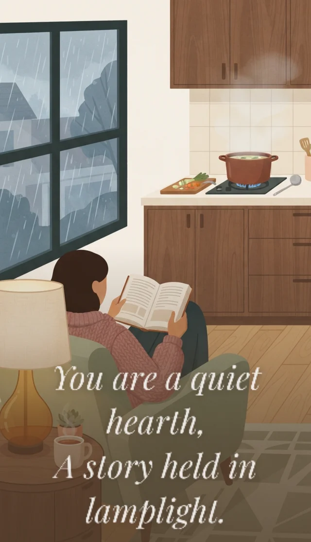 The painting Bloom made from that entry: a woman reading in an armchair by a lamp, rain on the window, a pot of soup steaming on the stove, with the whispered line 'You are a quiet hearth, a story held in lamplight.'