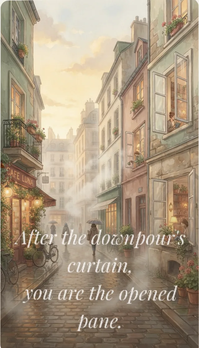 The watercolour Bloom painted from that entry: a rain-washed street at dusk, steam rising, windows thrown open, with the whispered line 'After the downpour's curtain, you are the opened pane.'