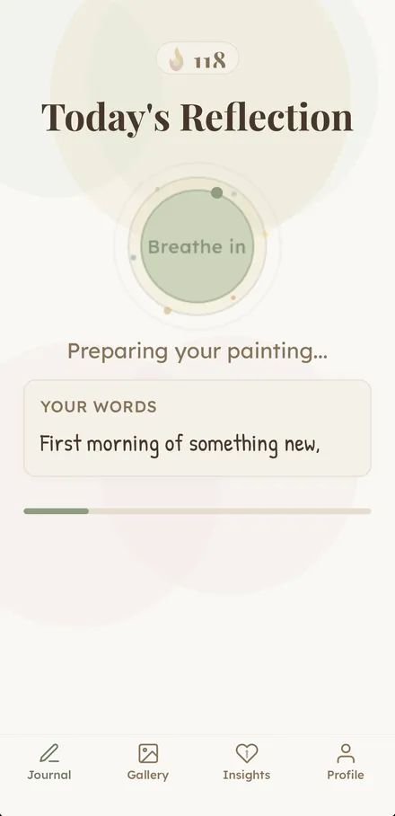 The waiting screen: a breathing circle reading Breathe in, while the painting is prepared.