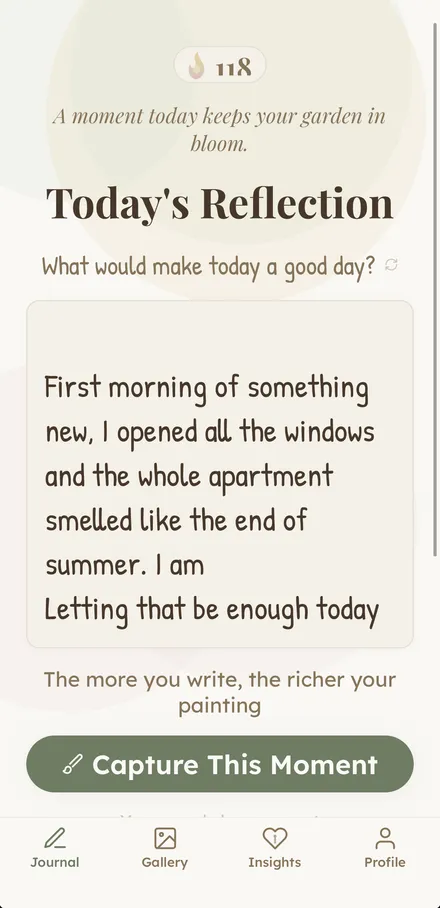 The Journal screen: today's prompt, a written entry, and the Capture This Moment button.