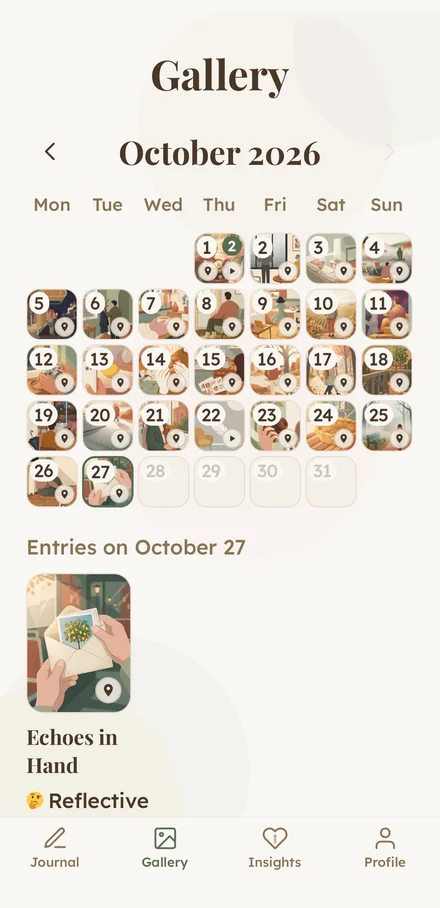 The Gallery: a month calendar where every day you wrote wears its own painting.